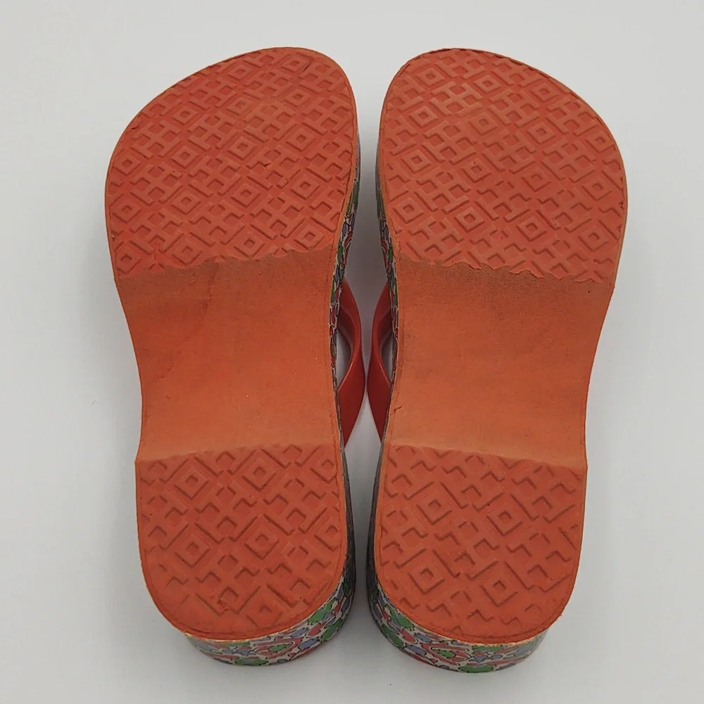 Tory Burch Wedge Flip Flop Sandals Paisley Cut Out Coral 6 Boho Resort Lounge